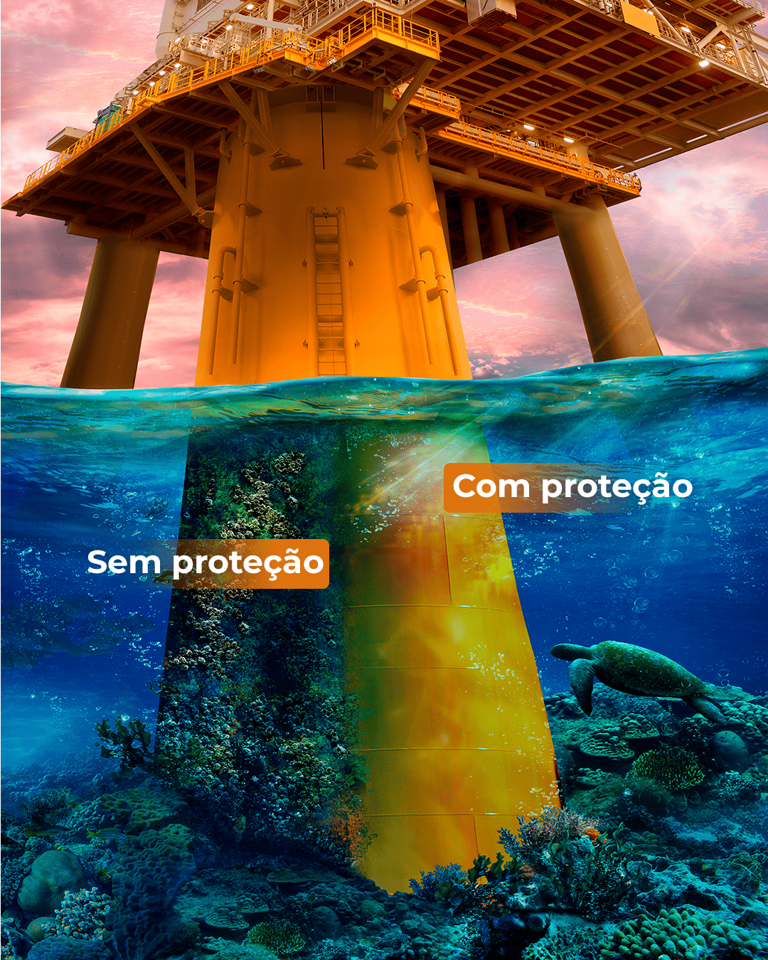 Plataforma offshore com comparação de proteção anticorrosiva — sem proteção vs com proteção